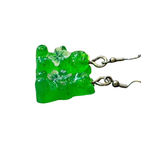 Green Glam Gummy Bear Butterfly Resin Earrings - Picture 5 of 9